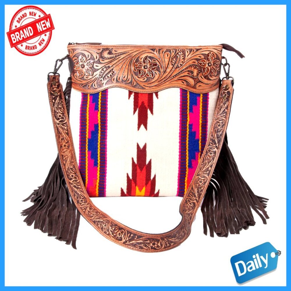 Handwoven Wool Crossbody Bag Boho Western Fringe Adjustable Strap Roomy